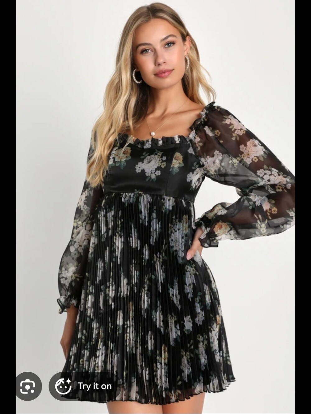Lulu's Black Floral Long-Sleeve Pleated Mini Dress